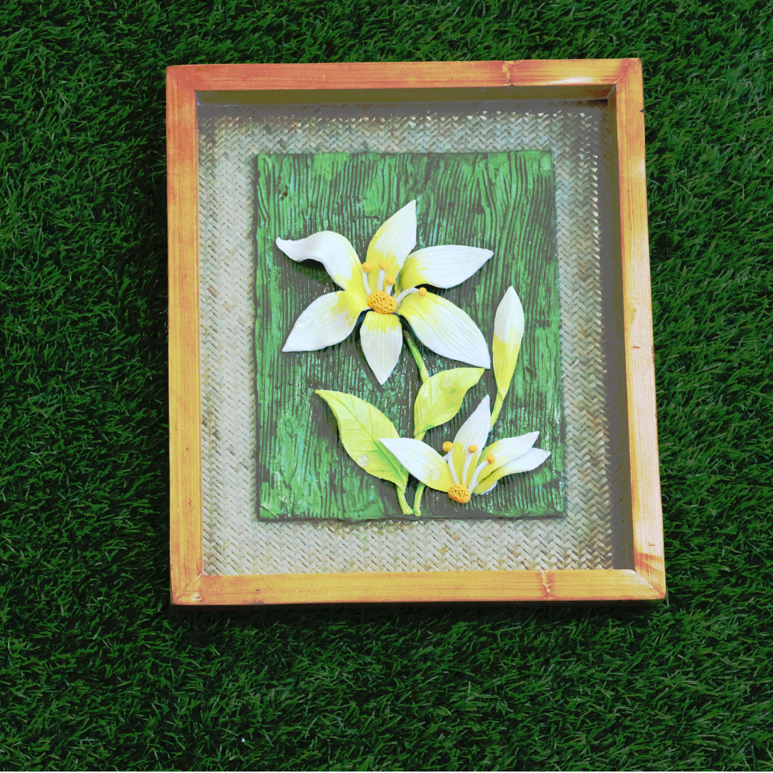 Handcrafted White & Yellow Flower Wall Frame – 3D Clay Floral Art in Rustic Wooden Frame