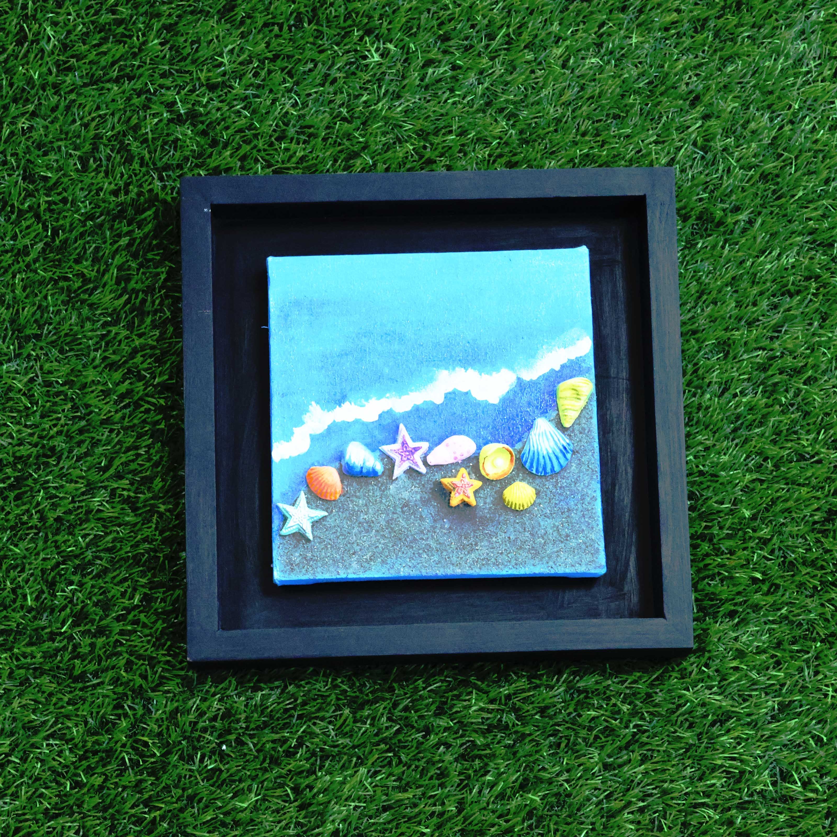 Handcrafted Coastal Beach Wall Frame – 3D Seashell & Starfish Ocean Art in Wooden Shadow Box