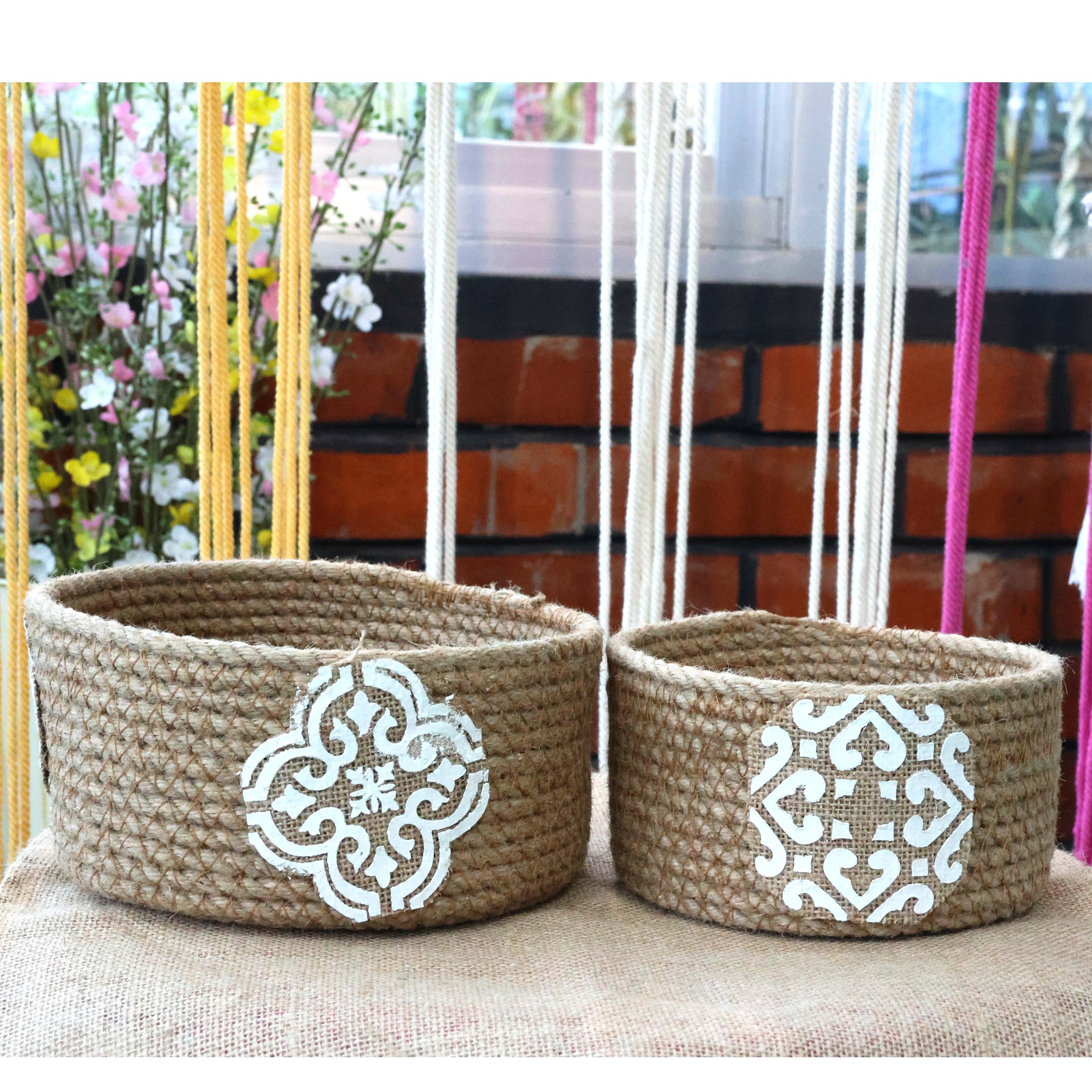Handcrafted Jute Storage Baskets with White Tribal Motif