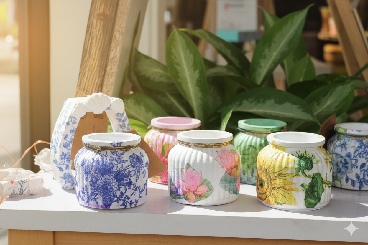 Floral Printed Decorative Storage Jar – Handmade Decoupage Art Container