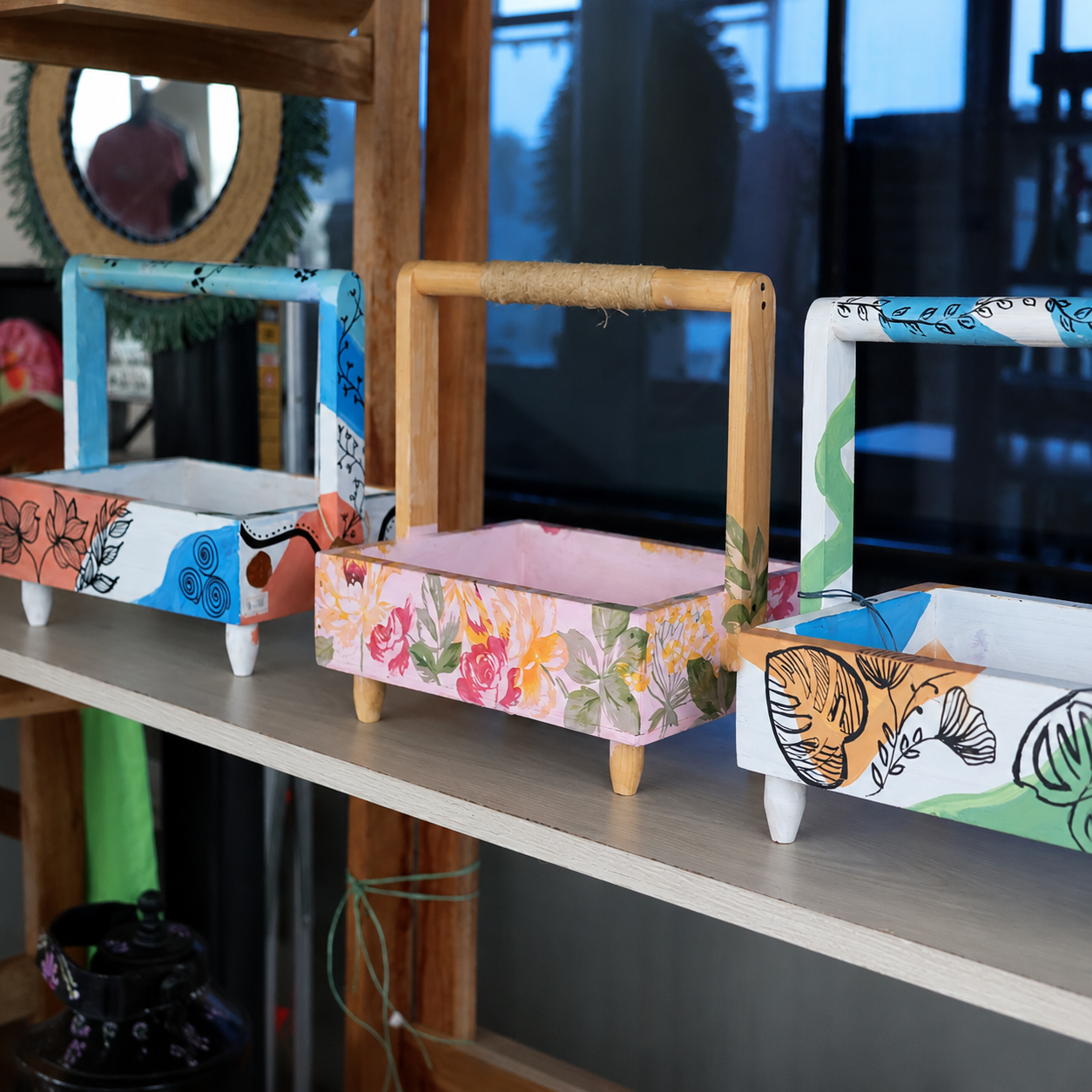 Hand-Painted Wooden Carry Basket