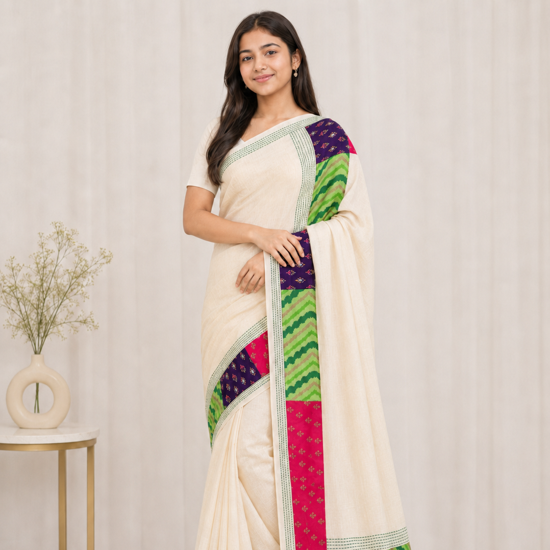 Proyash Cream Patchwork Sari