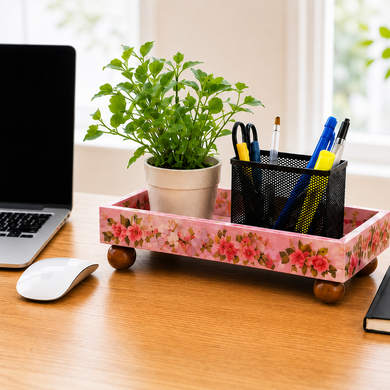 Multi-Use Floral Wooden Organizer Tray with Legs