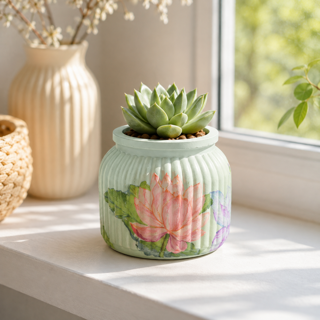 Hand-Painted Floral Ribbed Gypsum Mini Vase (Large Size)