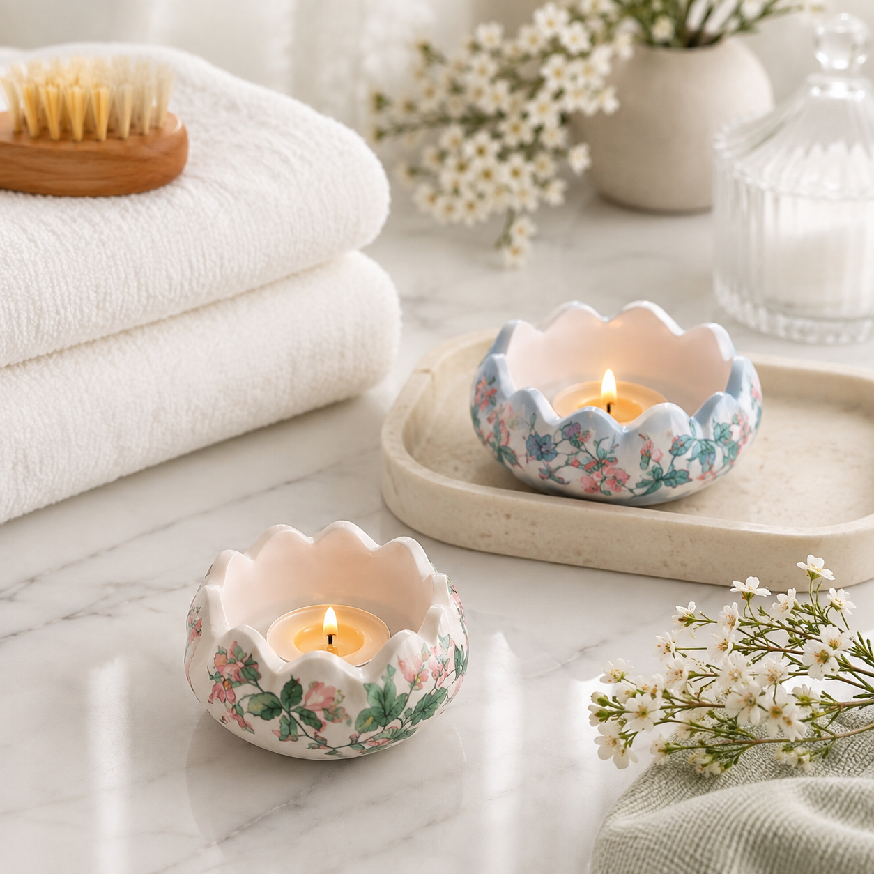 Hand-Painted Floral Gypsum Candle Holder