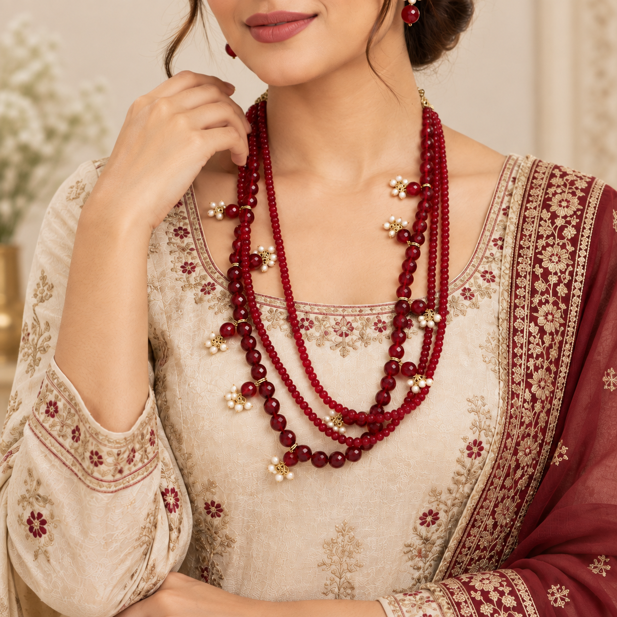 Crimson Cascade Multi-Strand Beaded Necklace