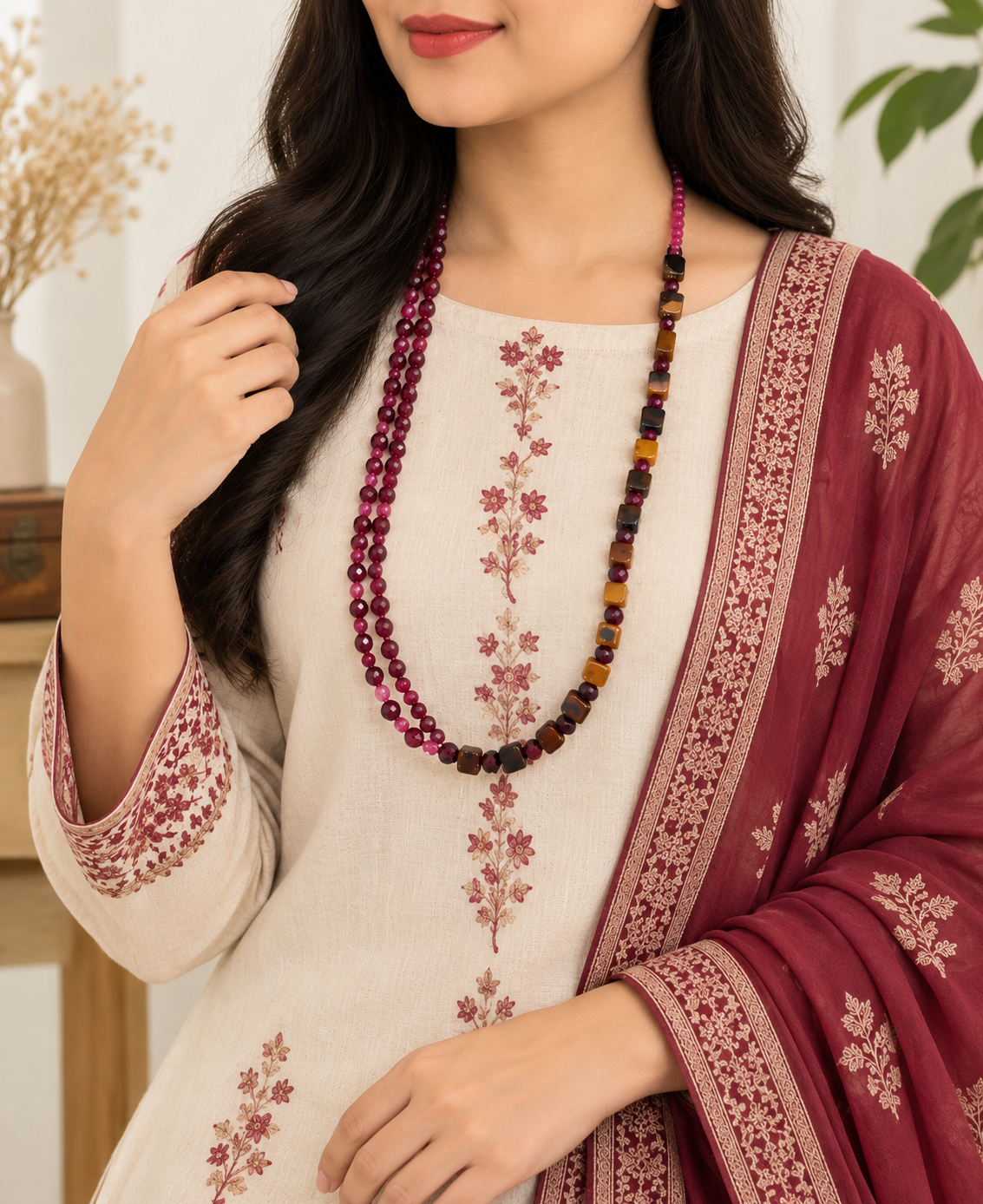 Handcrafted Burgundy & Amber Asymmetrical Double-Strand Necklace