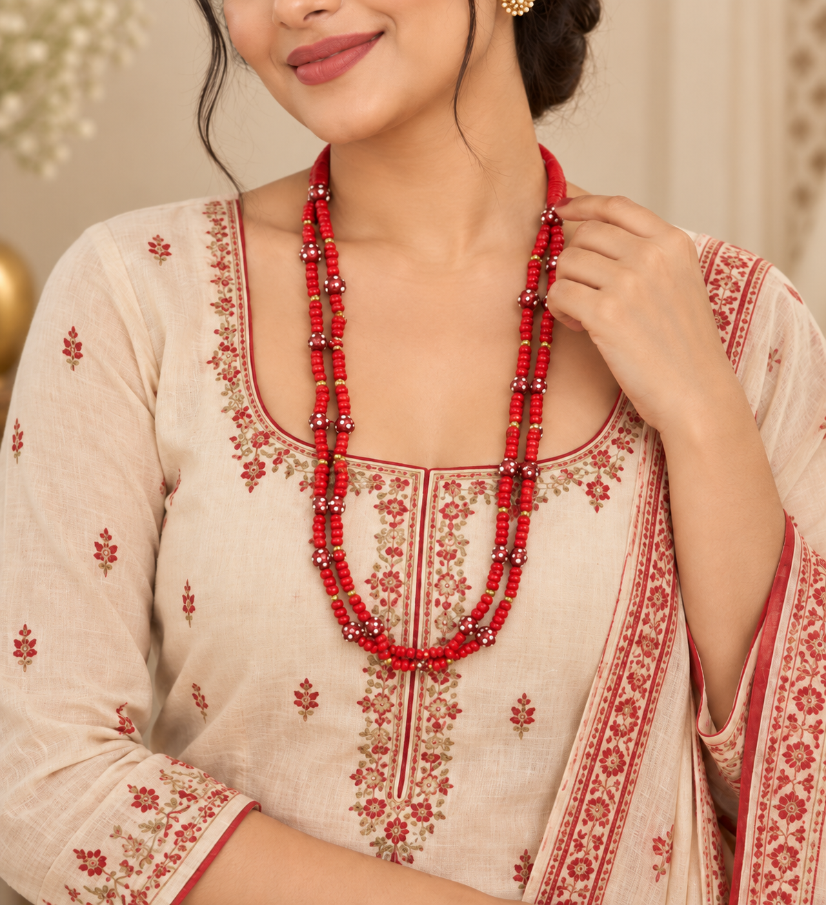 Handcrafted Crimson Double-Strand Beaded Necklace
