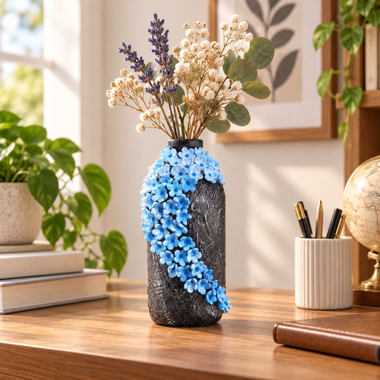 Midnight Blue Blossom Handcrafted Decorative Bottle Vase