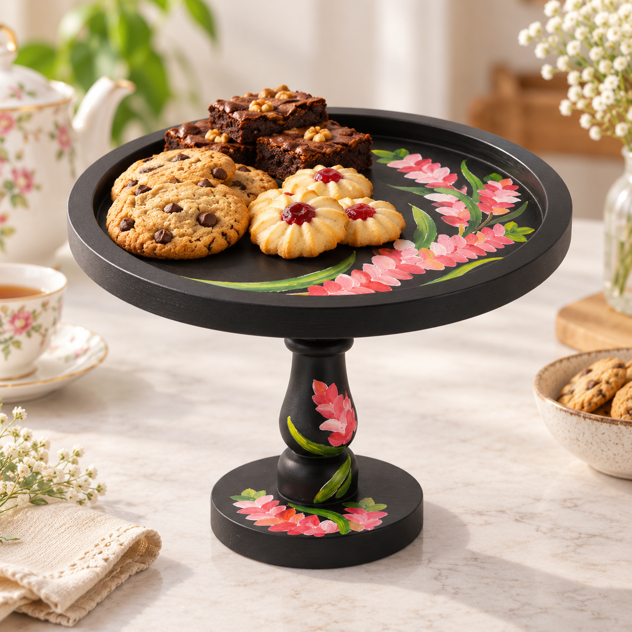 Hand-Painted Floral Wooden Pedestal Serving Stand